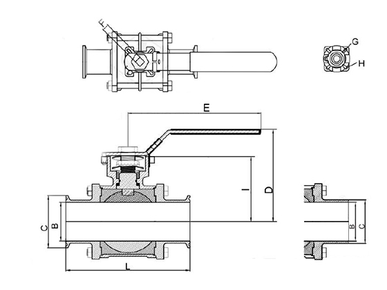 Sanitary three-piece high platform two way (half-encapsulate)ball valves