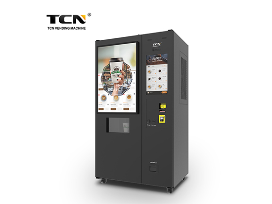 Freshly ground iced coffee vending machine with ice cubes