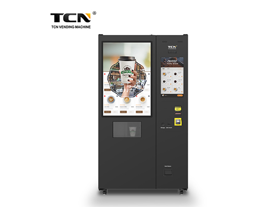Freshly ground iced coffee vending machine with ice cubes