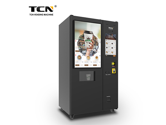 Freshly ground iced coffee vending machine with ice cubes