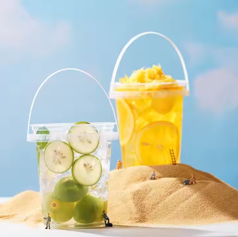 16/24/32oz 1L Clear Jelly Plastic Fruit Container Bucket Cups With Handle Lid