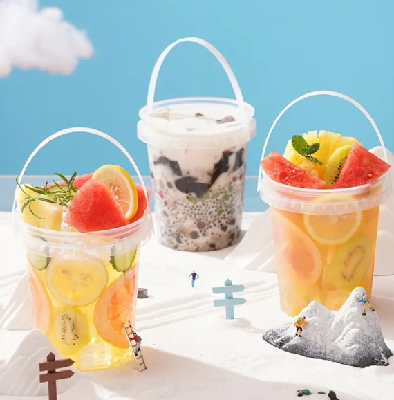 16/24/32oz 1L Clear Jelly Plastic Fruit Container Bucket Cups With Handle Lid