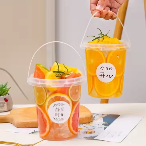 16/24/32oz 1L Clear Jelly Plastic Fruit Container Bucket Cups With Handle Lid
