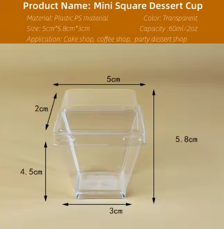 Mini Ice Cream Cheese Container 60ml Disposable Recyclable Square PS Dessert Cup Transparent Frozen Yogurt Cups