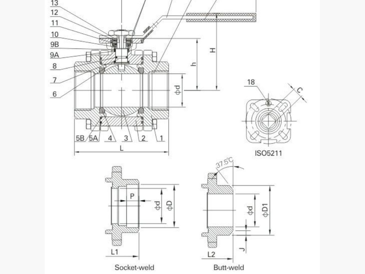 3-PC Ball Valve with Mounting Pad (PN125, Reduced bore)