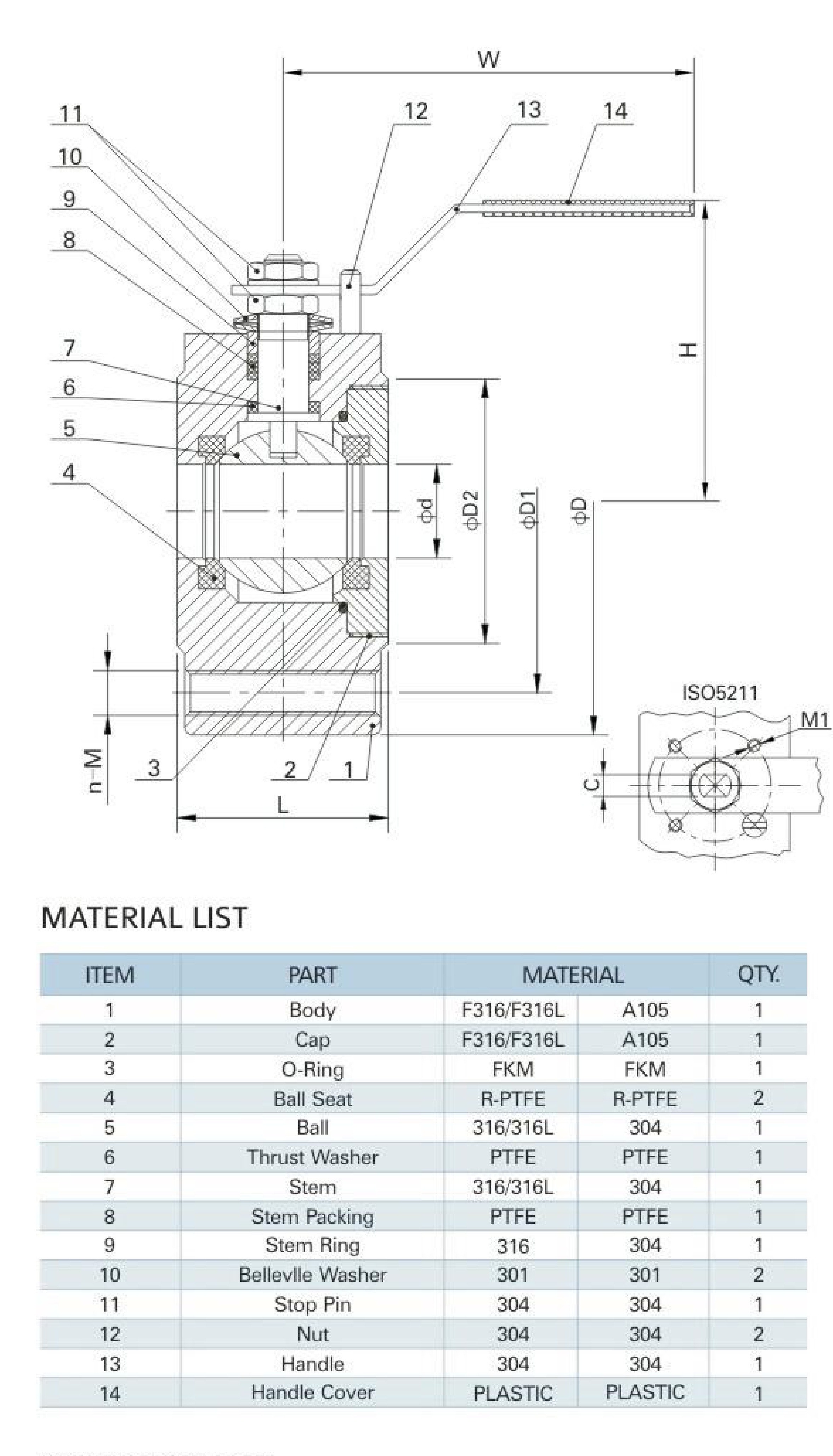 MV-14B/DN40-PN10-40 1-PC Wafer Bar Stock Ball Valve