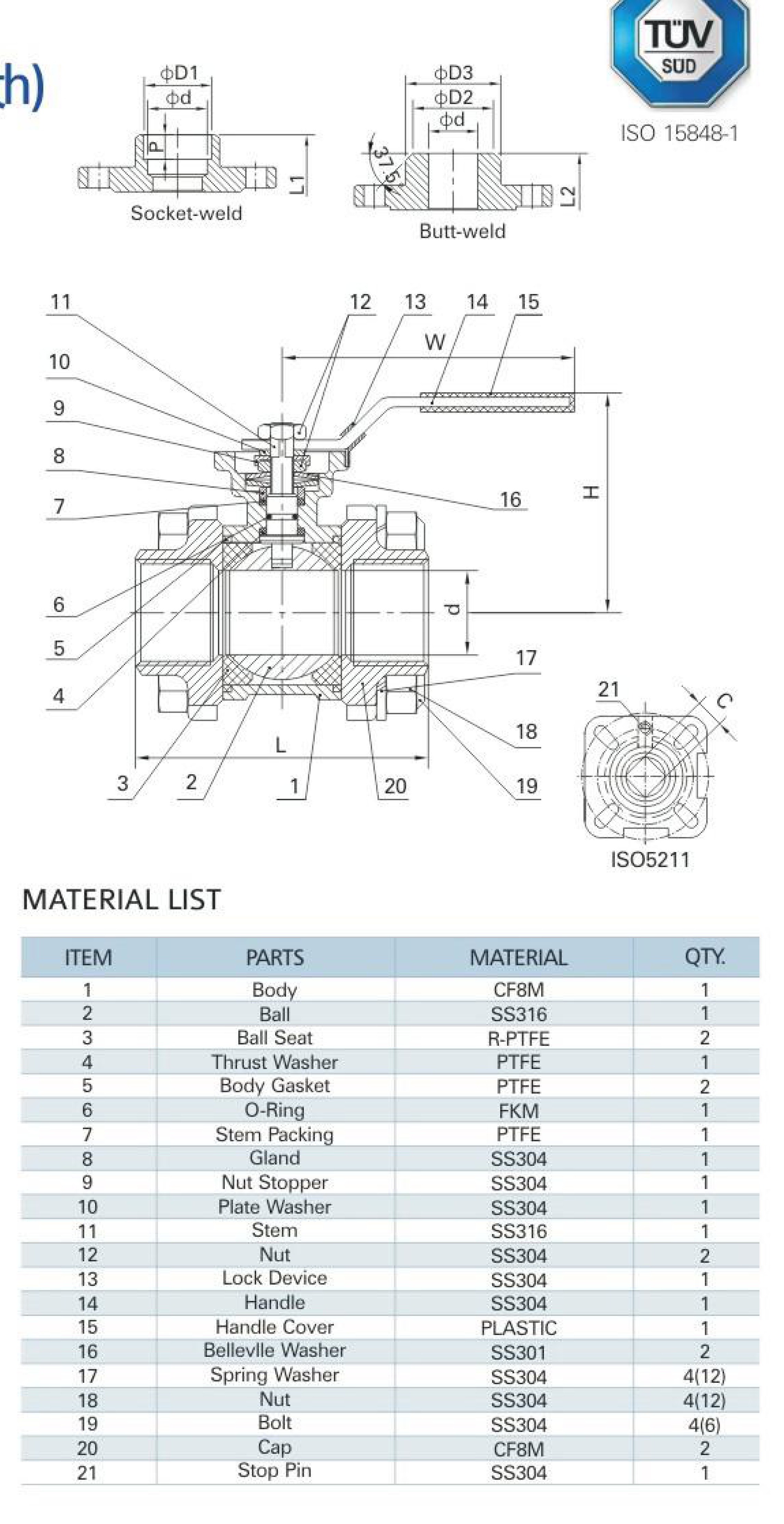 MV-83H/2-1/2" 3-PC Ball Valve with Mounting Pad (DIN Length)